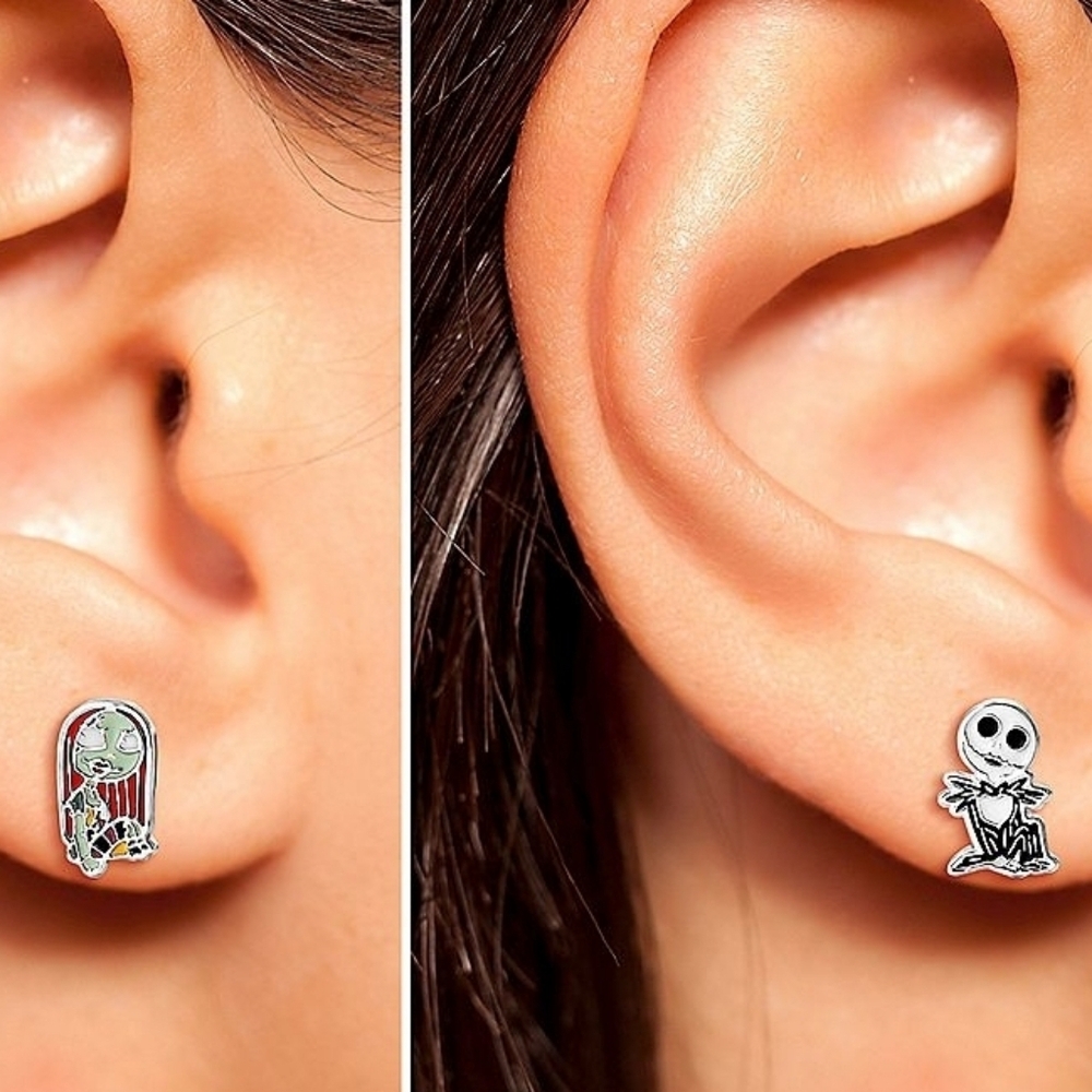 Disney Nightmare Before Christmas Stud Earrings Jack & Sally Silver Plated Nwt - Picture 2 of 4